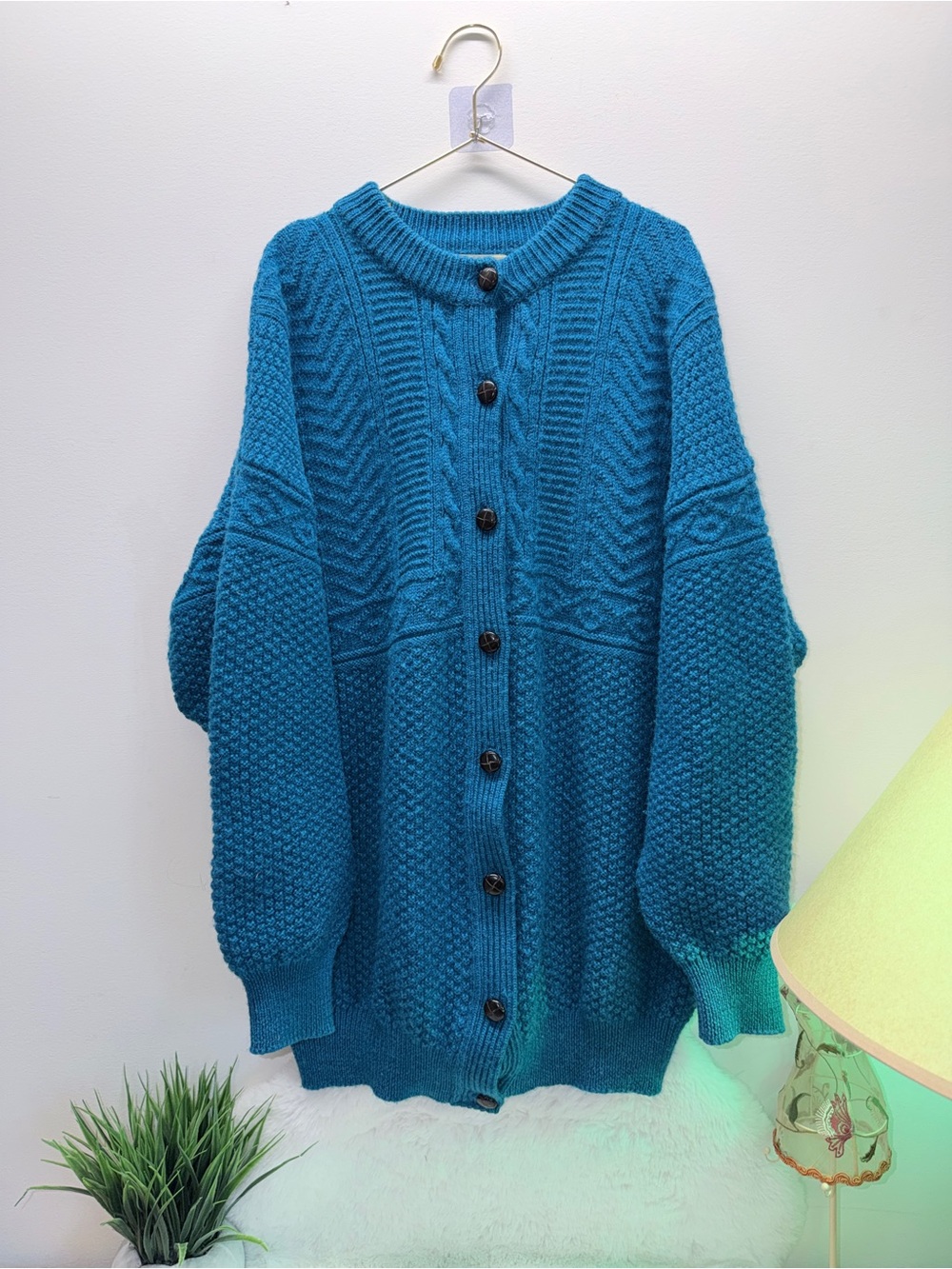 100% Wool Teal Cable-Knit w/ Brown Unique Woven Buttons - Essentials Cardigan 🌎